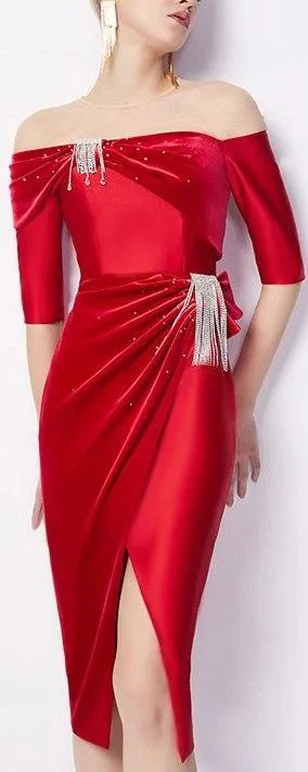 Crystal-Embellished Off-the-Shoulder Evening Dress
