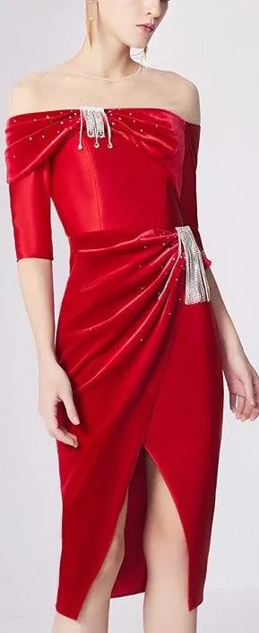 Crystal-Embellished Off-the-Shoulder Evening Dress