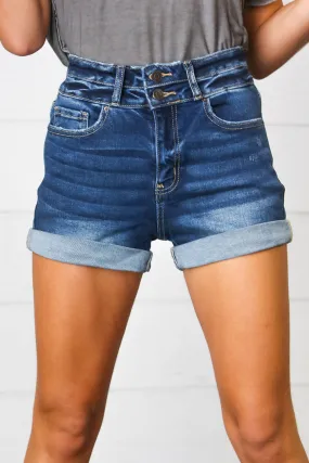 Cuffed Hem Double Button Closure Denim Shorts