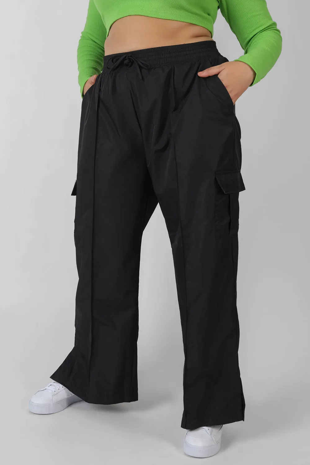 Curve Split Black Hem Cargo Trousers Black