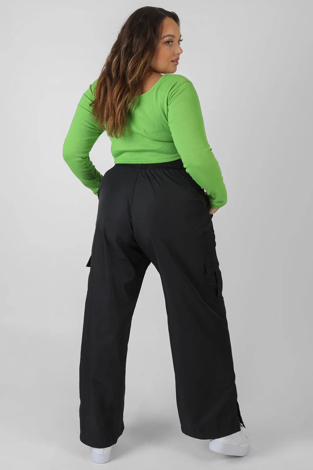 Curve Split Black Hem Cargo Trousers Black