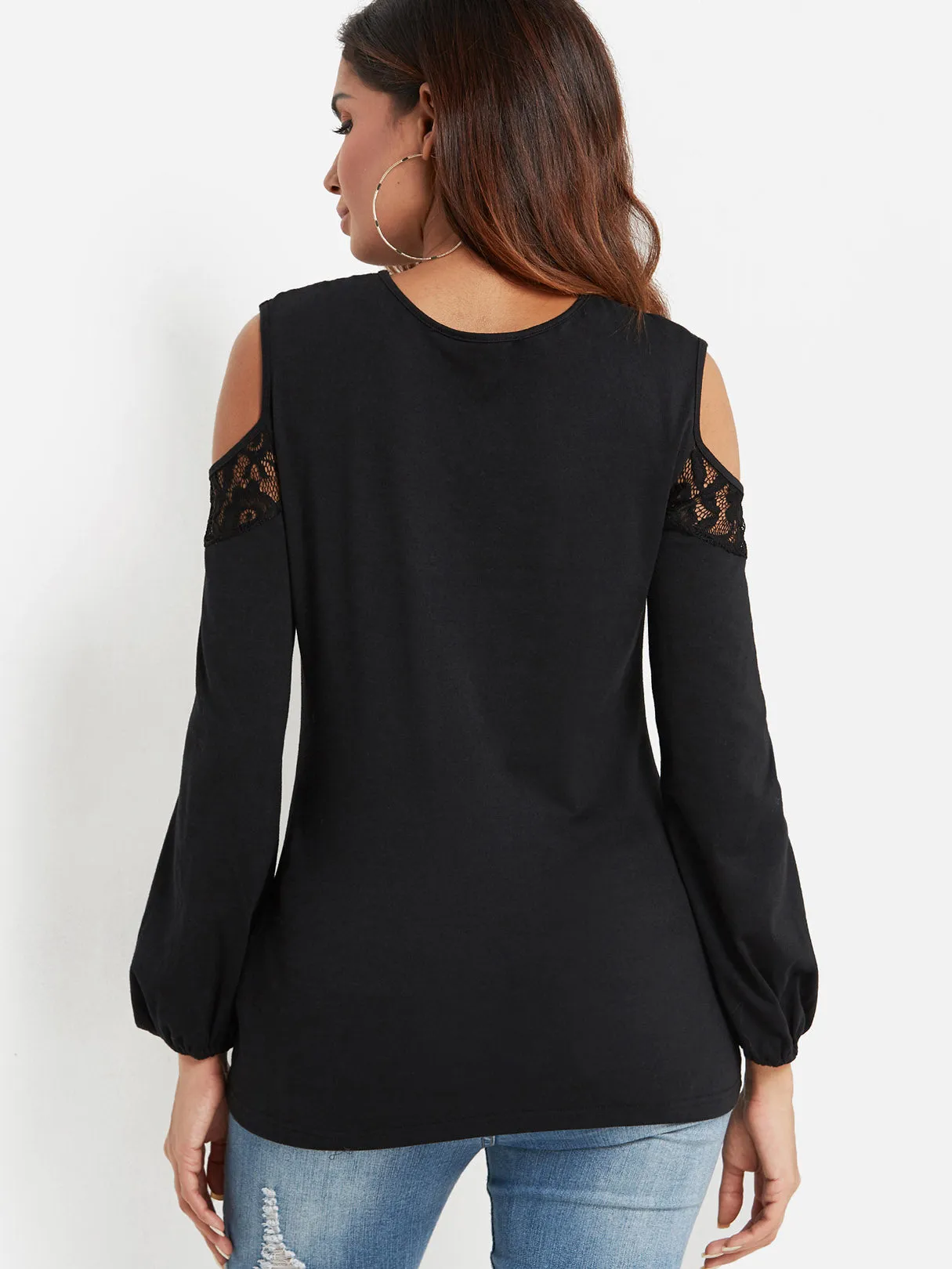 Custom Crew Neck Cold Shoulder Plain Lace Cut Out Long Sleeve Black T-Shirts