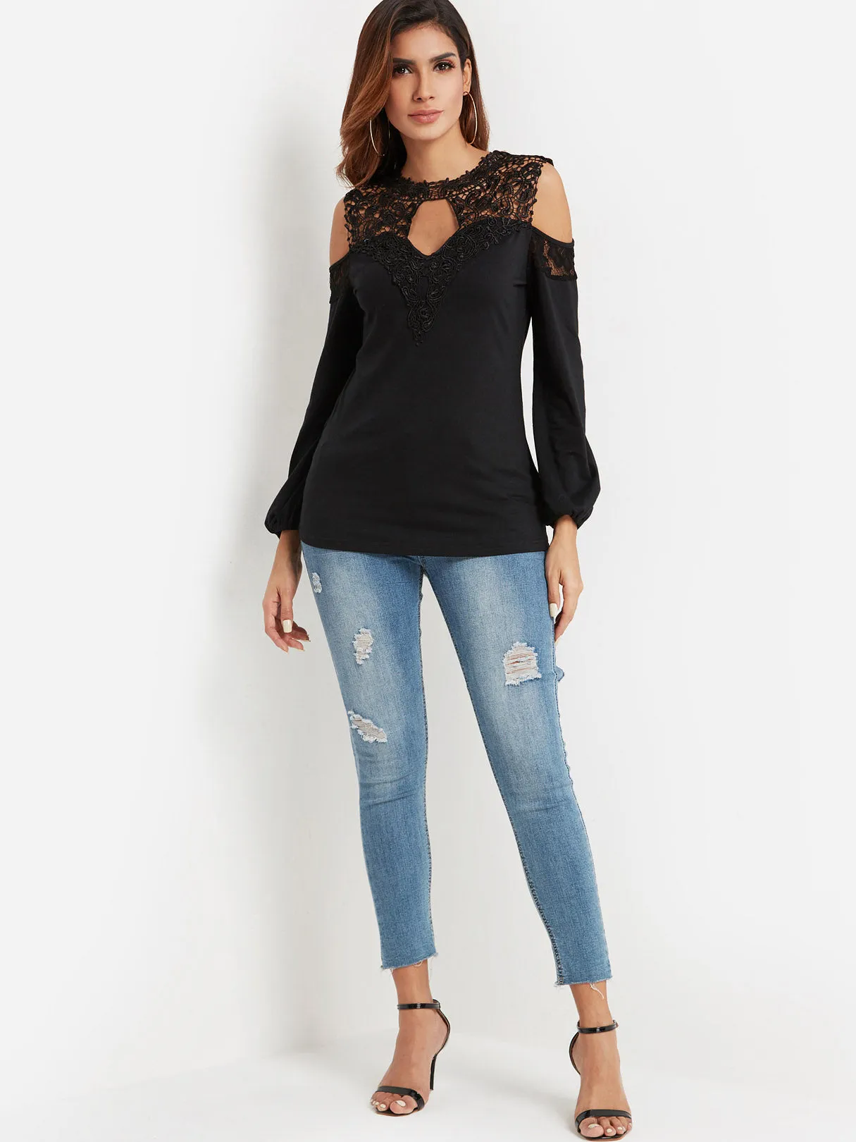 Custom Crew Neck Cold Shoulder Plain Lace Cut Out Long Sleeve Black T-Shirts