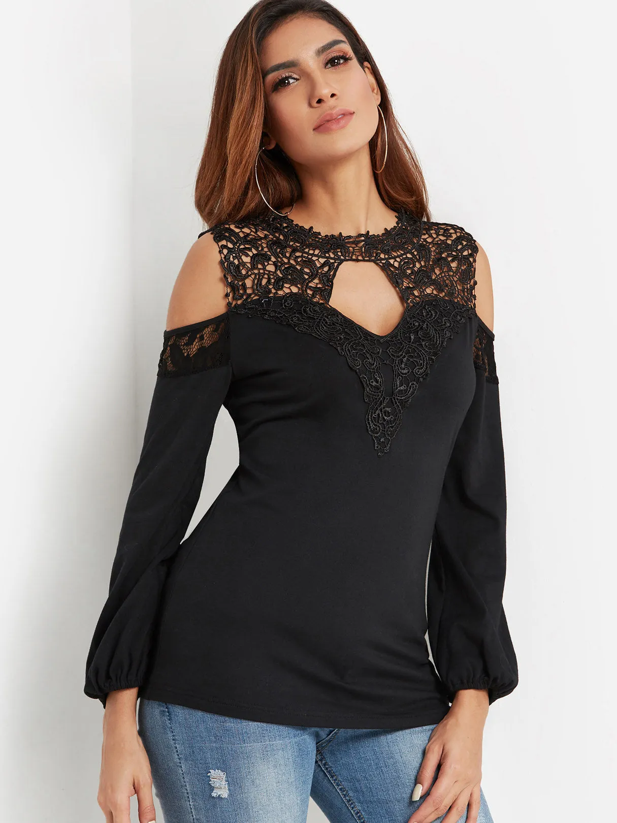 Custom Crew Neck Cold Shoulder Plain Lace Cut Out Long Sleeve Black T-Shirts