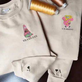Custom Embroidered Couple Matching Hoodies - Sponge Cartoon Couple With Roman Numeral Date