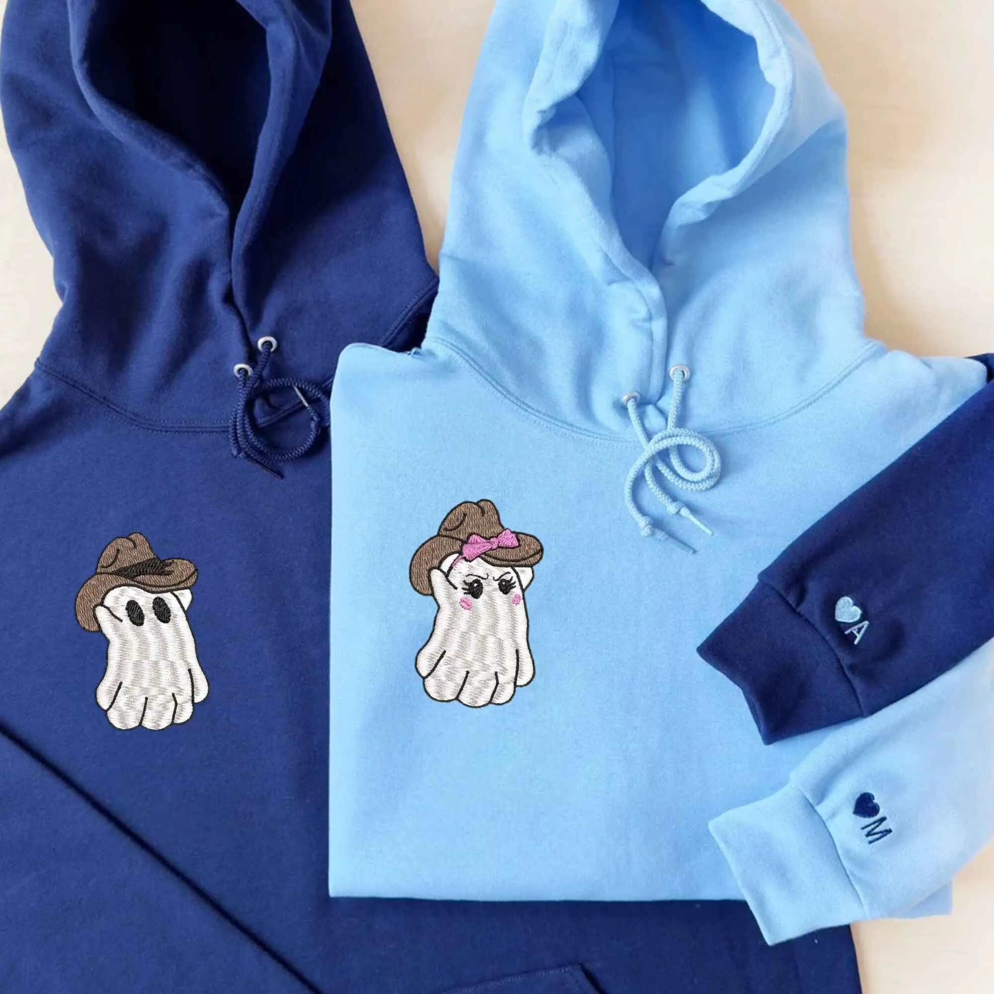 Custom Embroidered Cowboy Ghost Couple Hoodies | Cute Halloween Design