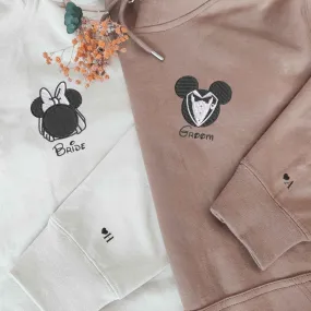 Custom Embroidered Matching Hoodies for Couples | Fun Cartoon Mouse Bride & Groom Design