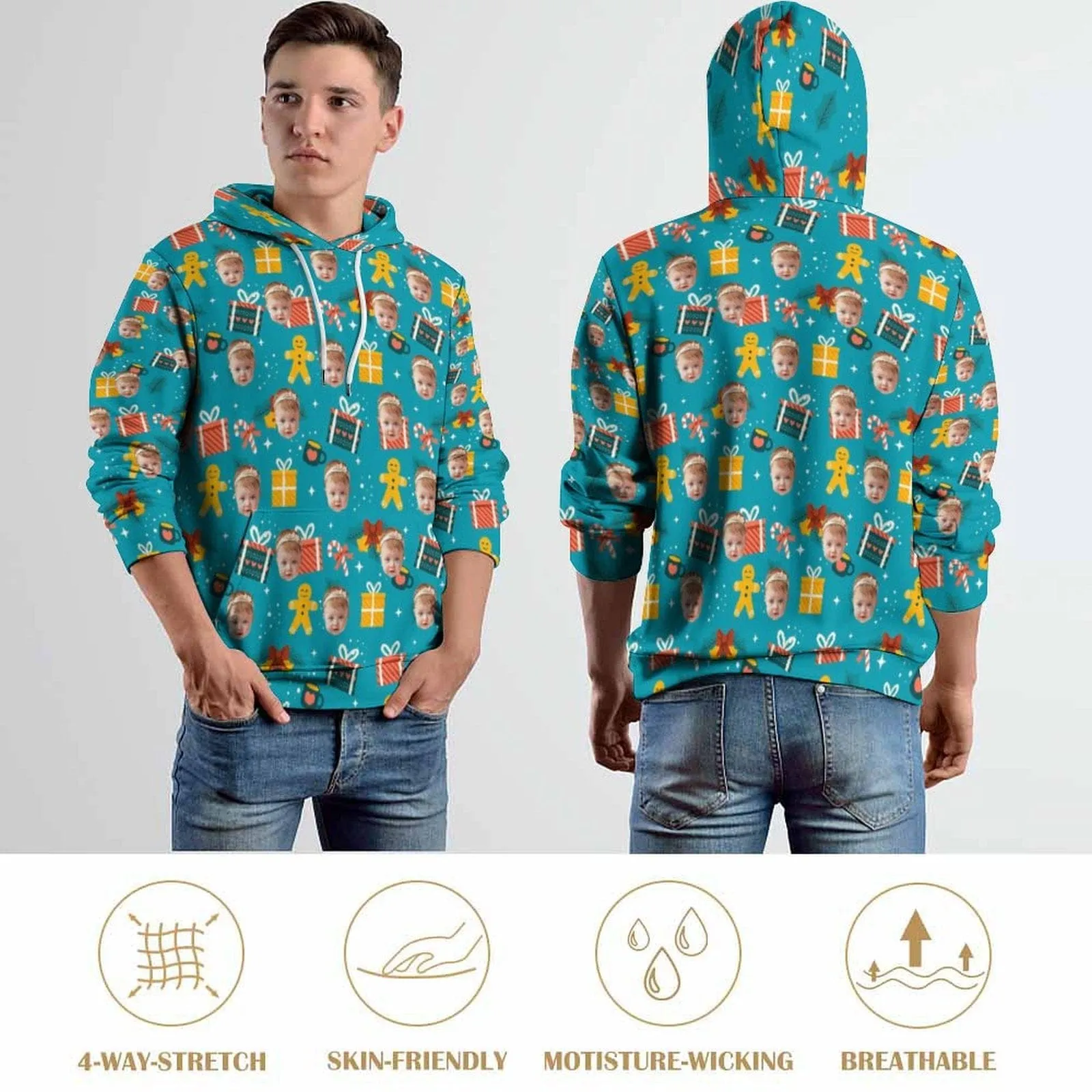 Custom Face Christmas Hat Gifts Hoodie Unisex Design Your Own Hoodie Personalized Loose Hoodie Top Outfits