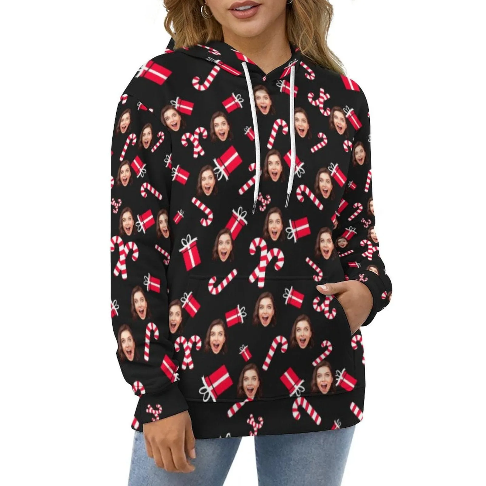 Custom Face Christmas Hat Gifts Hoodie Unisex Design Your Own Hoodie Personalized Loose Hoodie Top Outfits