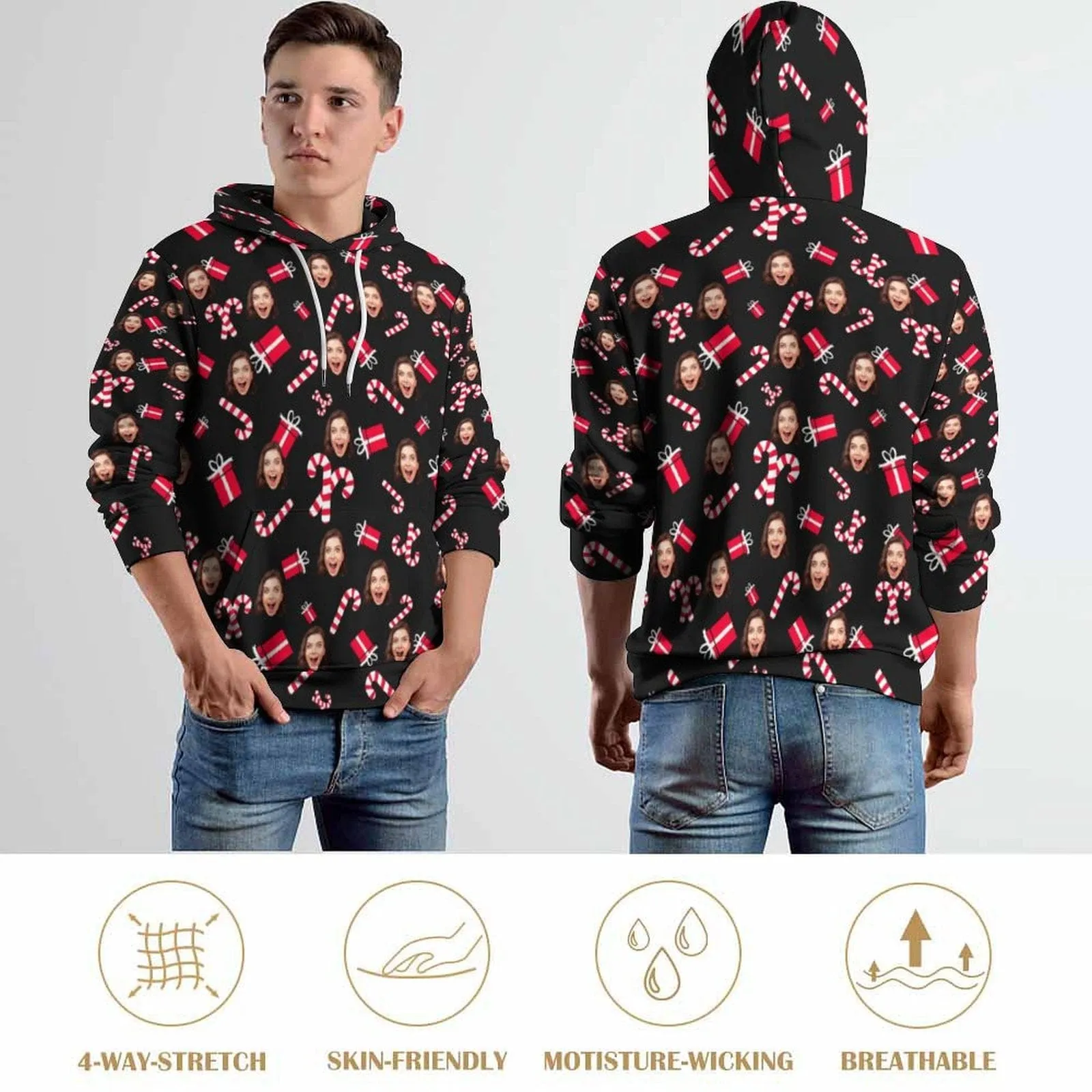 Custom Face Christmas Hat Gifts Hoodie Unisex Design Your Own Hoodie Personalized Loose Hoodie Top Outfits