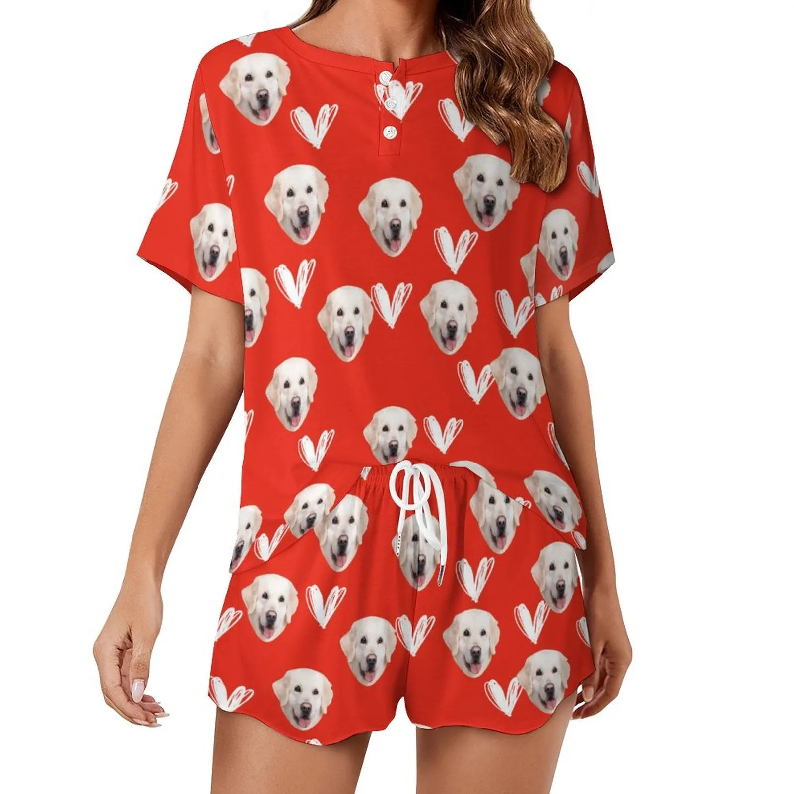 Custom Face Your Dog Red Print Pajama Set Women's Short Sleeve Top and Shorts Loungewear Athletic Tracksuits