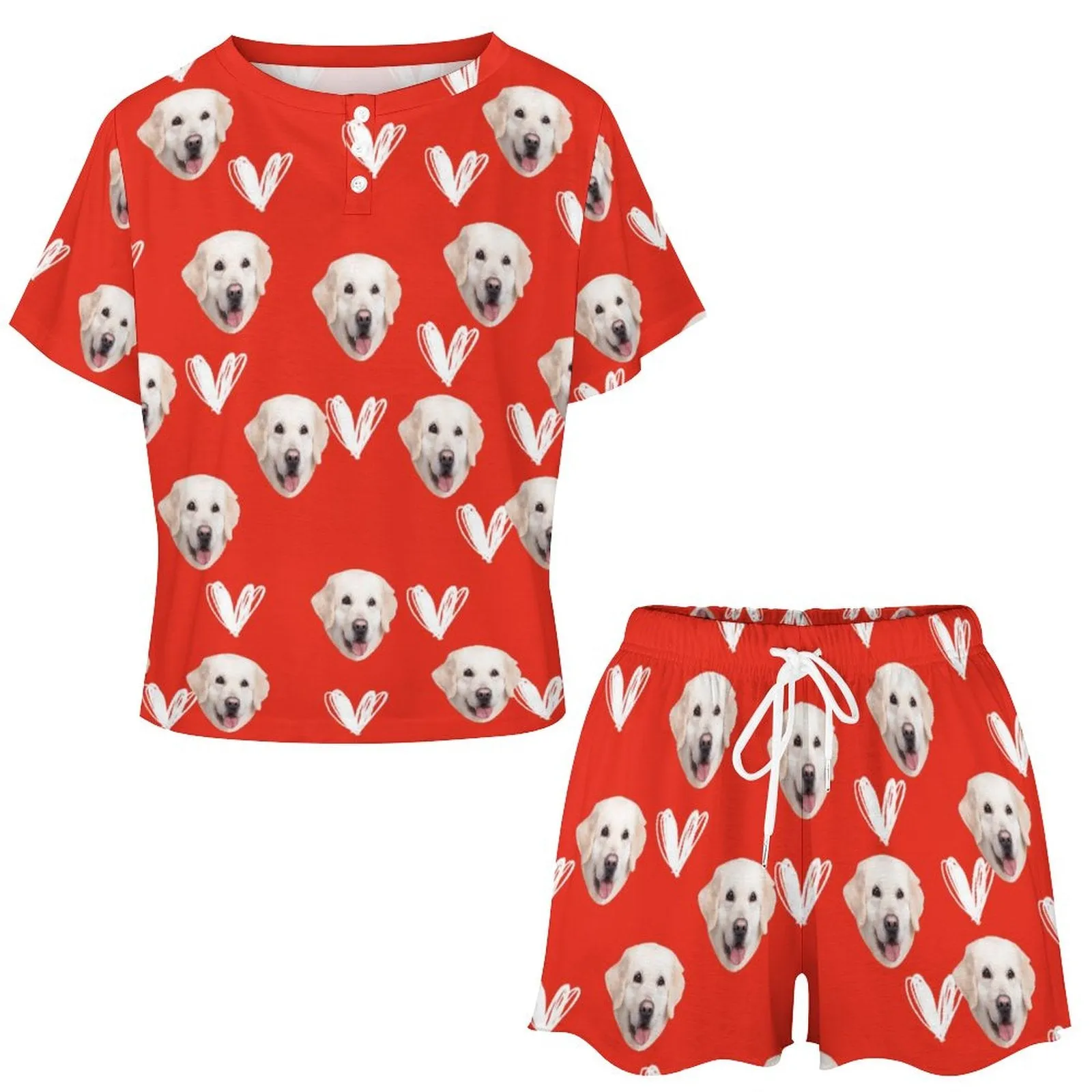 Custom Face Your Dog Red Print Pajama Set Women's Short Sleeve Top and Shorts Loungewear Athletic Tracksuits