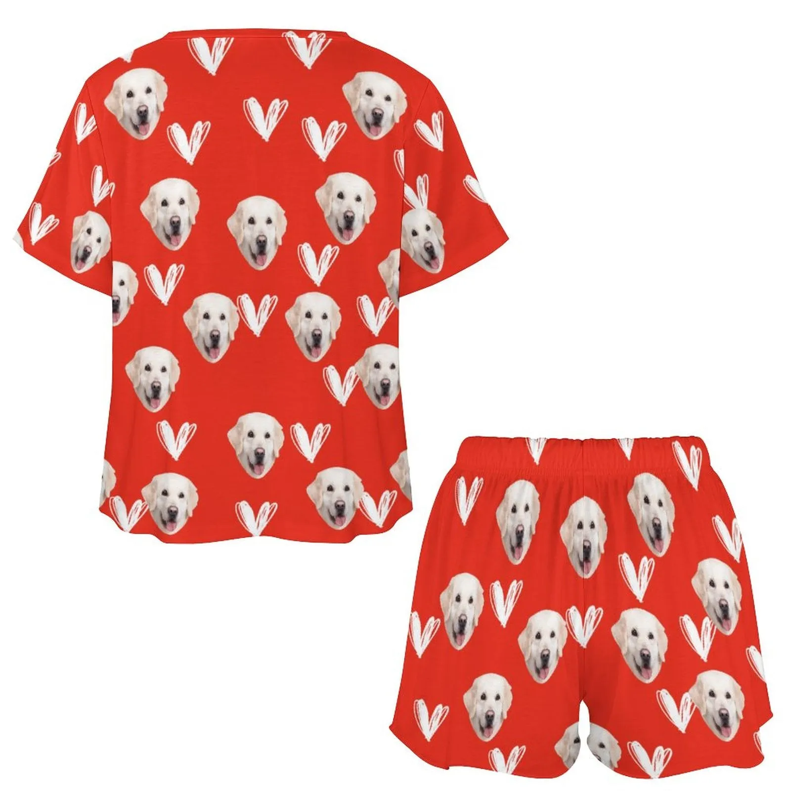 Custom Face Your Dog Red Print Pajama Set Women's Short Sleeve Top and Shorts Loungewear Athletic Tracksuits