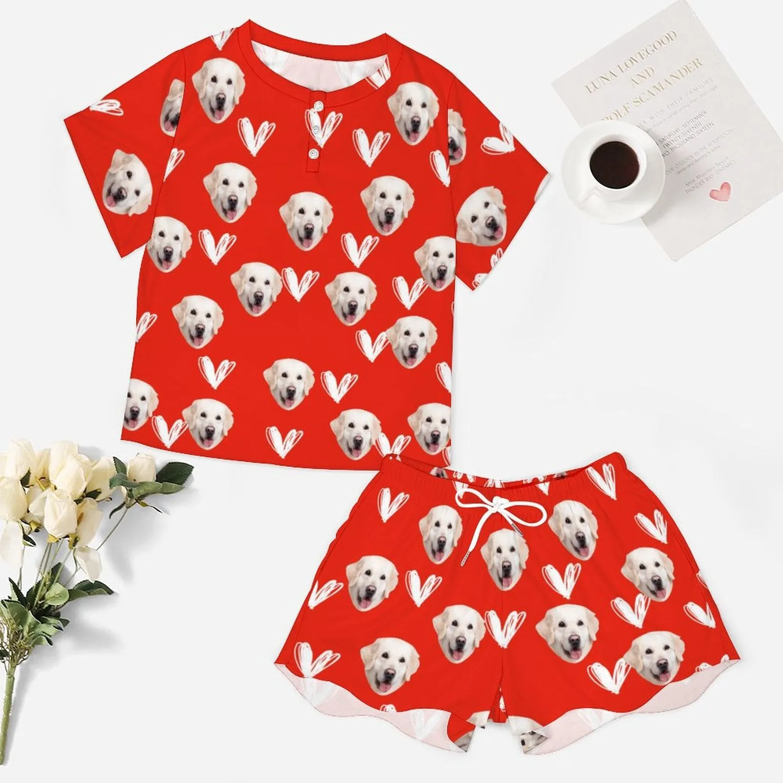 Custom Face Your Dog Red Print Pajama Set Women's Short Sleeve Top and Shorts Loungewear Athletic Tracksuits