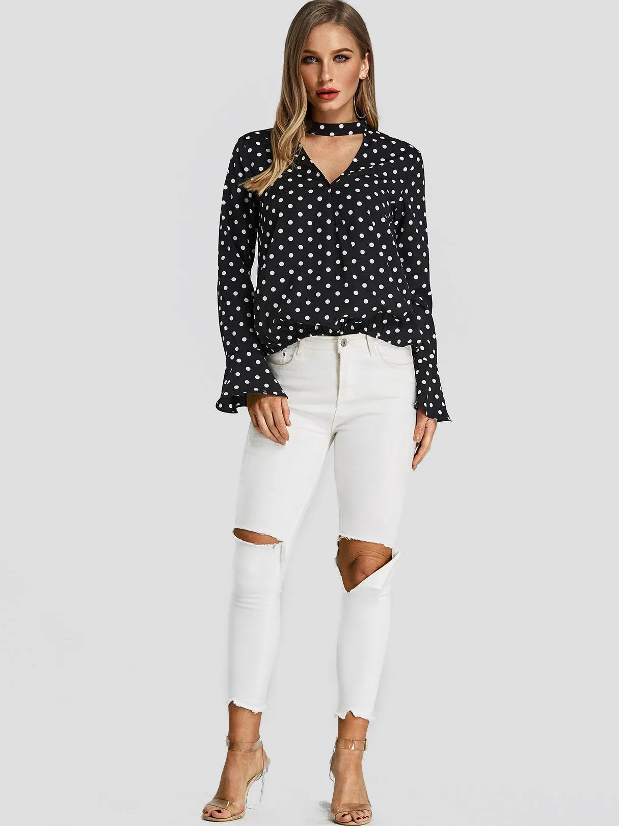 Custom Polka Dot Cut Out Long Sleeve Black Blouses