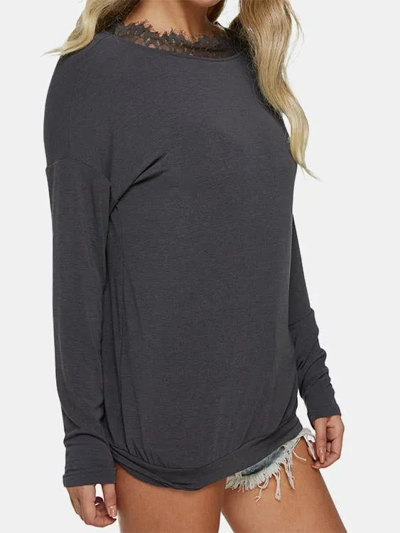 Custom Round Neck Plain Lace Long Sleeve T-Shirt