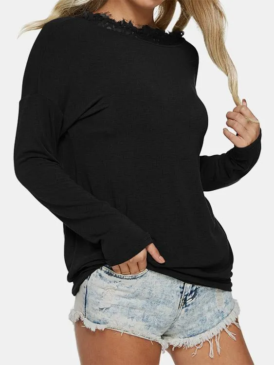 Custom Round Neck Plain Lace Long Sleeve T-Shirt