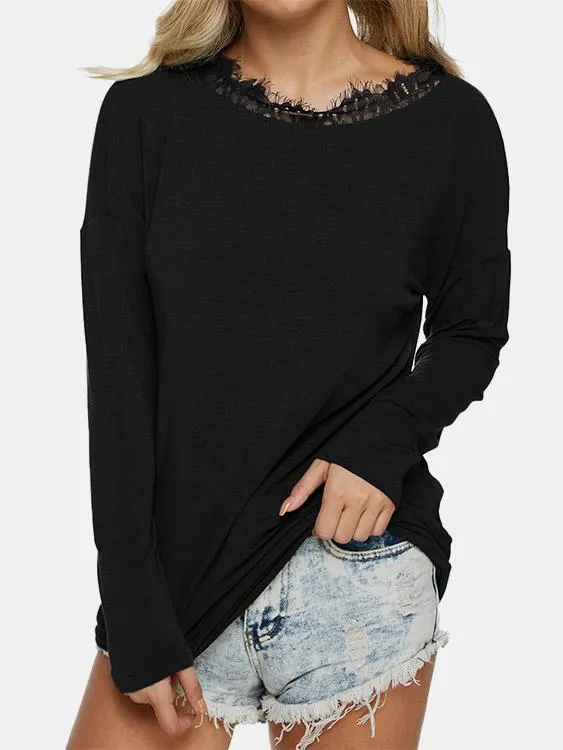 Custom Round Neck Plain Lace Long Sleeve T-Shirt