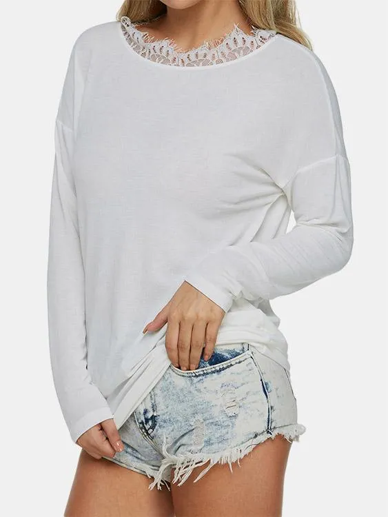 Custom Round Neck Plain Lace Long Sleeve T-Shirt