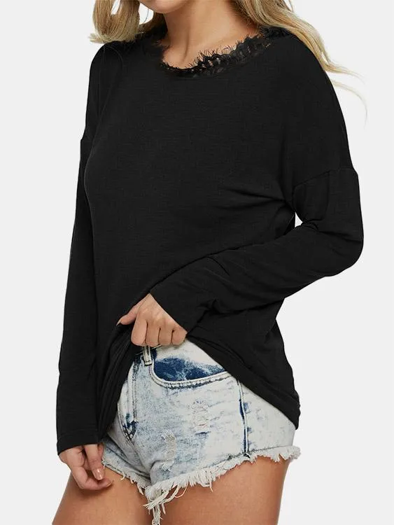 Custom Round Neck Plain Lace Long Sleeve T-Shirt