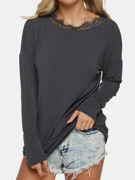 Custom Round Neck Plain Lace Long Sleeve T-Shirt