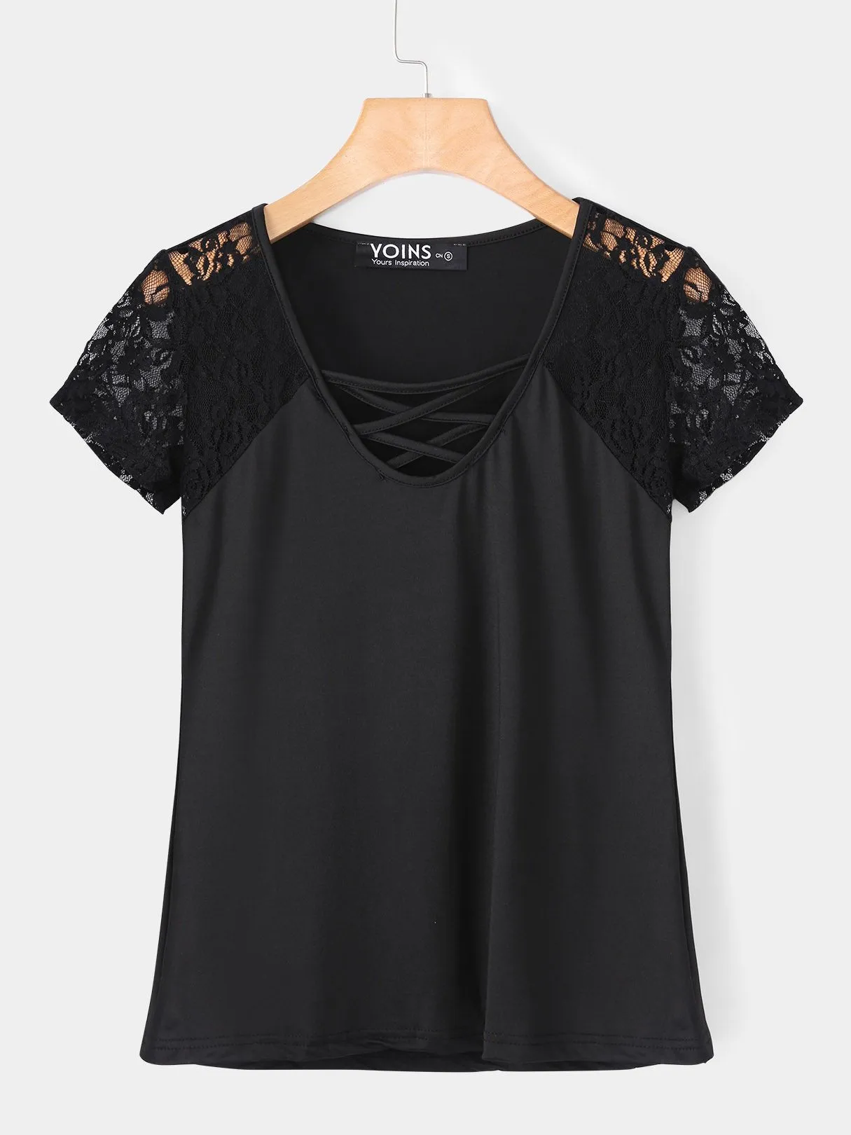Custom V-Neck Plain Lace Short Sleeve Black T-Shirts