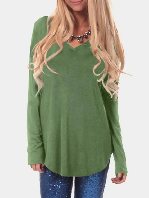 Custom V-Neck Plain Long Sleeve Curved Hem T-Shirts