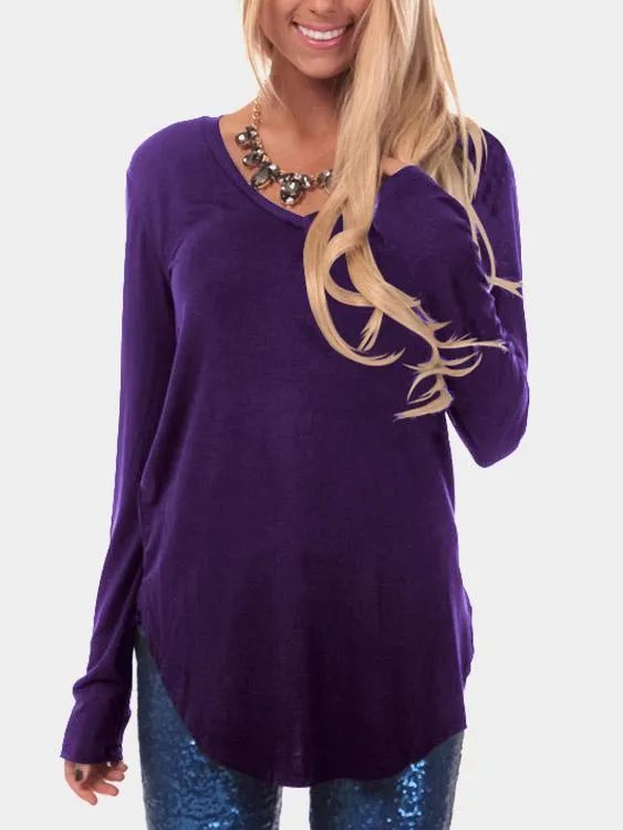 Custom V-Neck Plain Long Sleeve Curved Hem T-Shirts