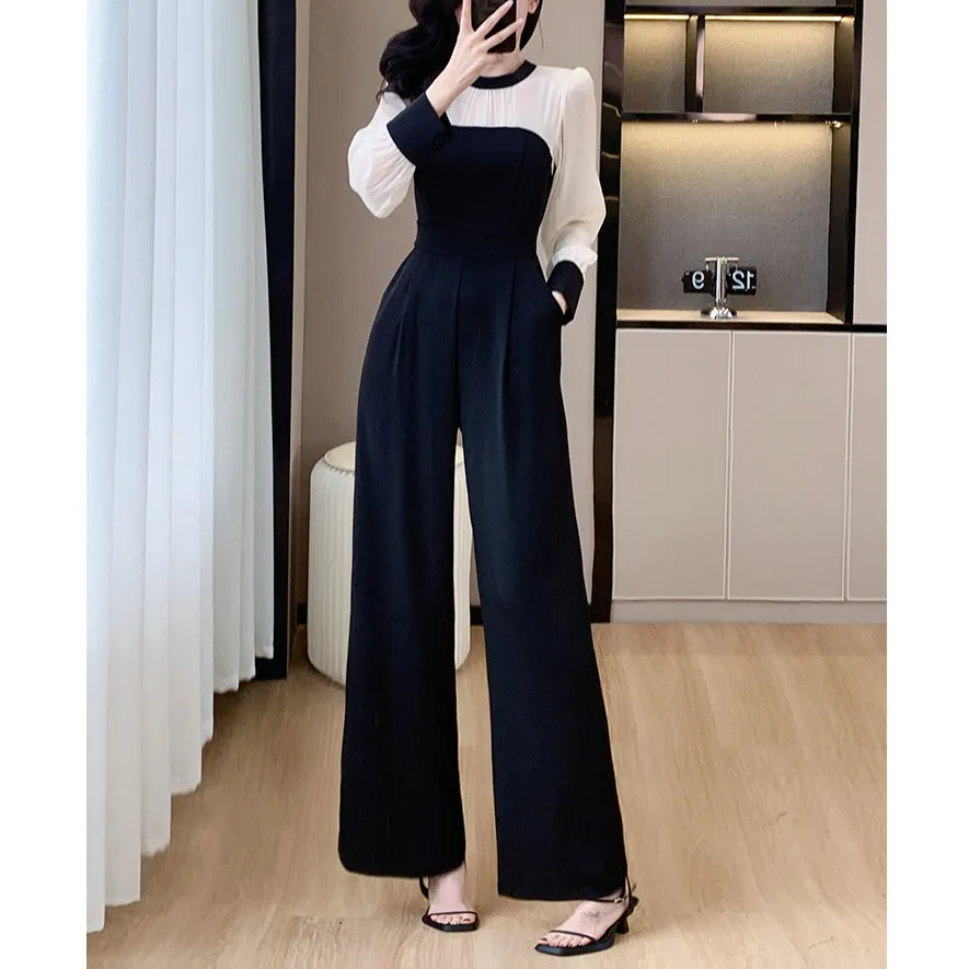 Customized Elegant French Patchwork Wide-Leg Jumpsuit