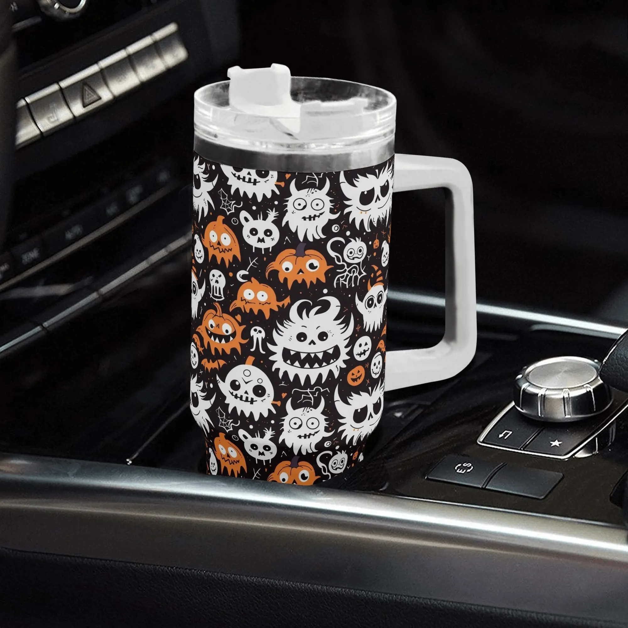 Cute Monster 40oz Stainless Steel Tumbler Gift With White Handle and Straw