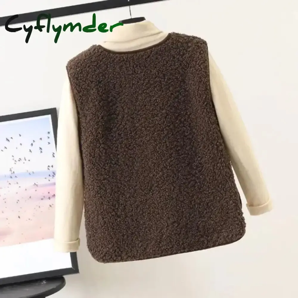 Cyflymder Vests New Spring Autumn Women Button Waistcoat Lamb Hair Winter Thermal Warm Thick Fleece Vests Sleeveless Jacket Ladies Coats