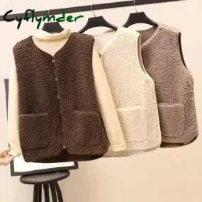 Cyflymder Vests New Spring Autumn Women Button Waistcoat Lamb Hair Winter Thermal Warm Thick Fleece Vests Sleeveless Jacket Ladies Coats
