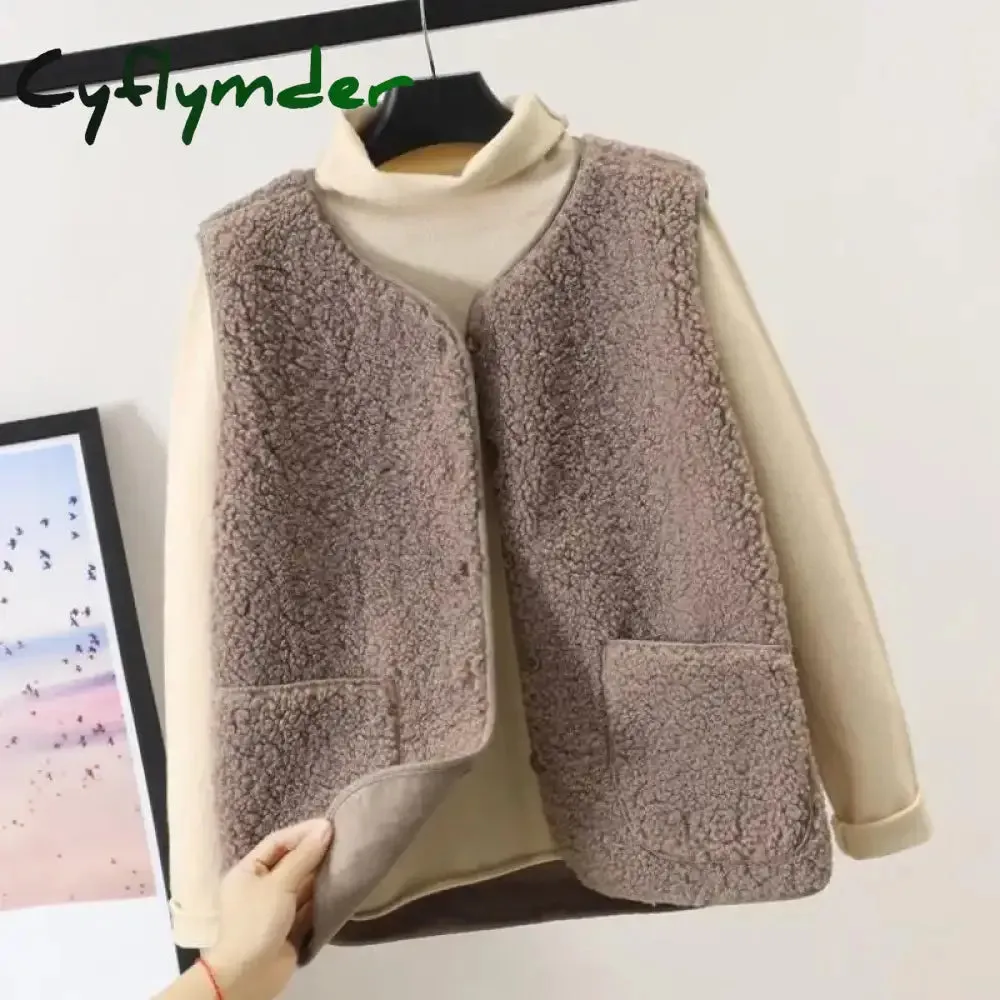 Cyflymder Vests New Spring Autumn Women Button Waistcoat Lamb Hair Winter Thermal Warm Thick Fleece Vests Sleeveless Jacket Ladies Coats