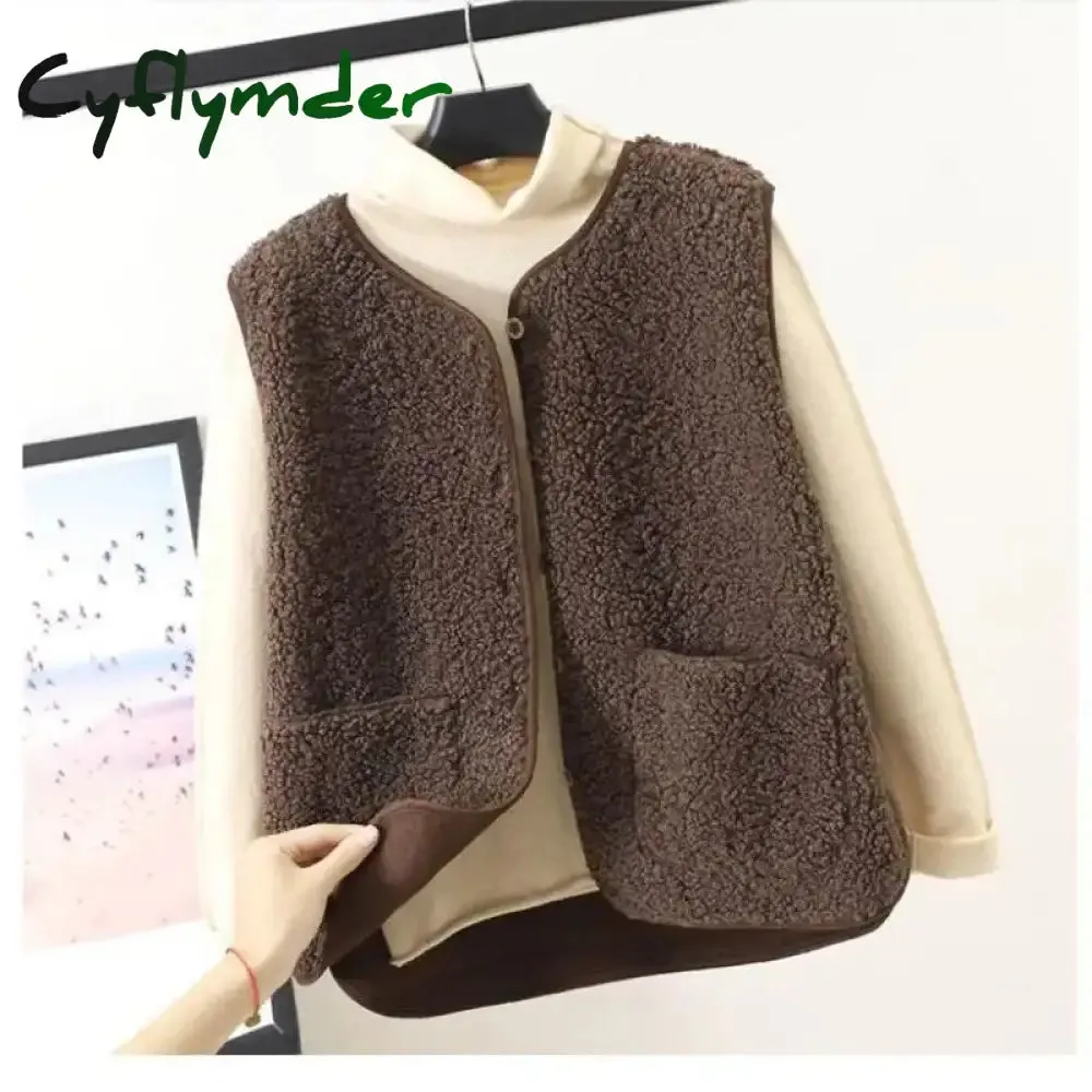 Cyflymder Vests New Spring Autumn Women Button Waistcoat Lamb Hair Winter Thermal Warm Thick Fleece Vests Sleeveless Jacket Ladies Coats