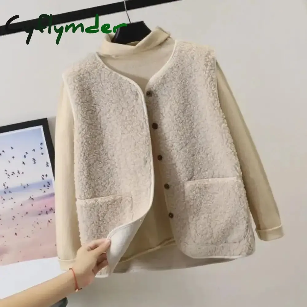 Cyflymder Vests New Spring Autumn Women Button Waistcoat Lamb Hair Winter Thermal Warm Thick Fleece Vests Sleeveless Jacket Ladies Coats