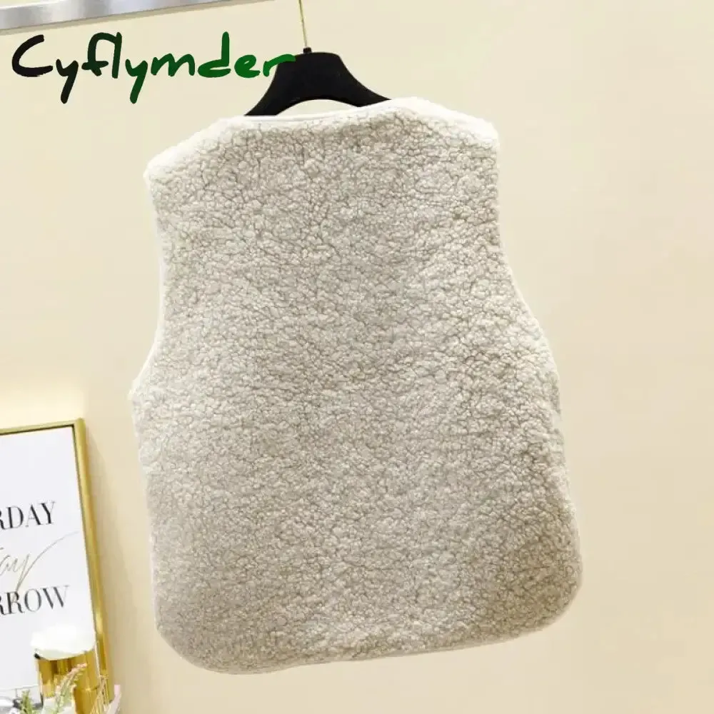 Cyflymder Vests New Spring Autumn Women Button Waistcoat Lamb Hair Winter Thermal Warm Thick Fleece Vests Sleeveless Jacket Ladies Coats