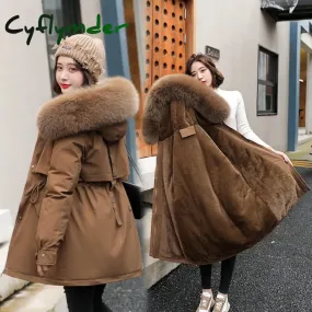 Cyflymder Women Parka Fashion Long Coat Wool Liner Hooded Parkas New Winter Jacket Slim with Fur Collar Warm Snow Wear Padded Clothes