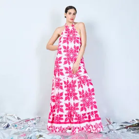 Damask print halter maxi dress wholesale