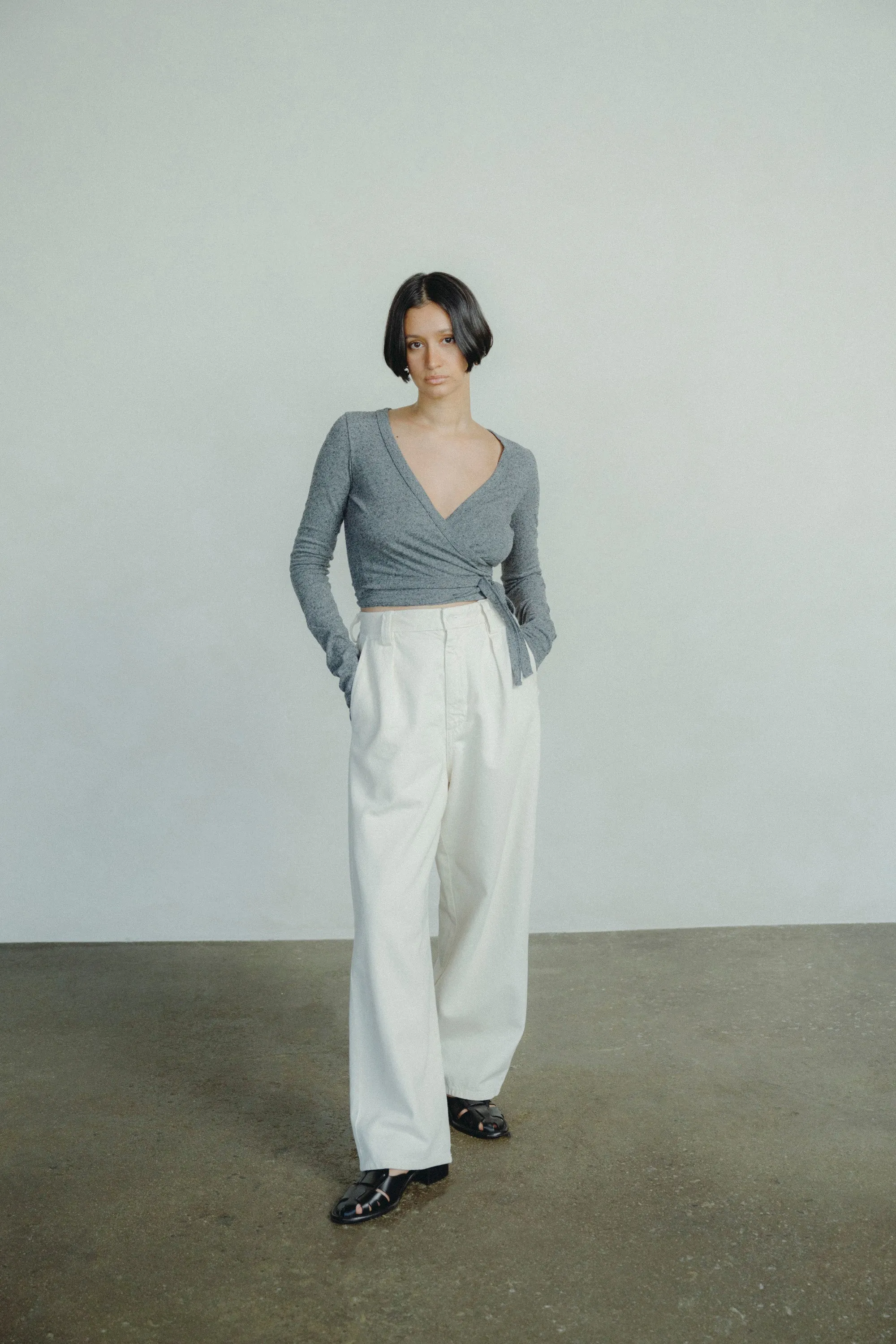 Dance Wrap Top, Regen Silk Noil Jersey, Charcoal Heather