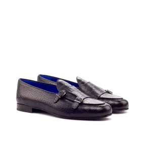 DapperFam Rialto in Black Men's Italian Croco Embossed Leather Monk Slipper