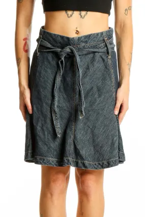Dark Blue Cotton-Linen Blend A-Line Skirt