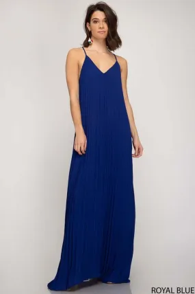 Dark Blue Pleated Woven Maxi Dress
