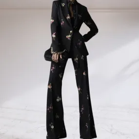Dark Floral Printed Two Pieces Blazer and Pant Set