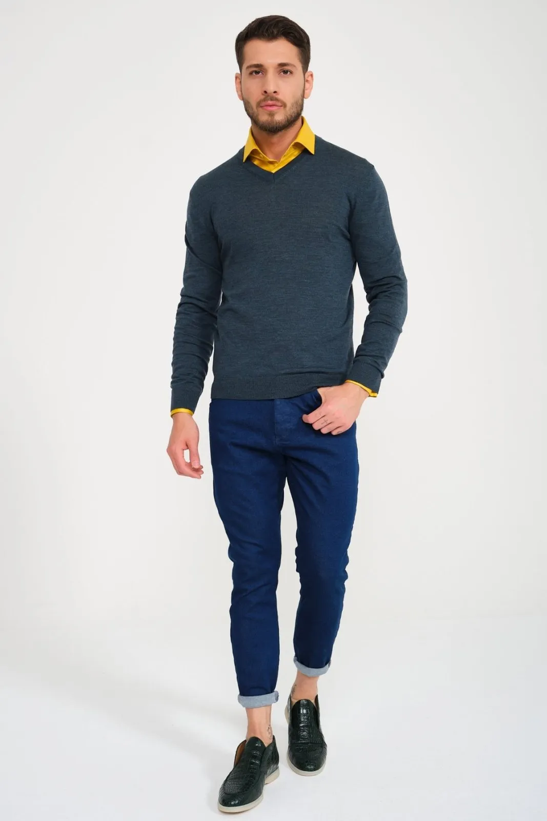 Dark Green V-Collar Wool Sweater