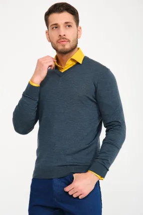 Dark Green V-Collar Wool Sweater