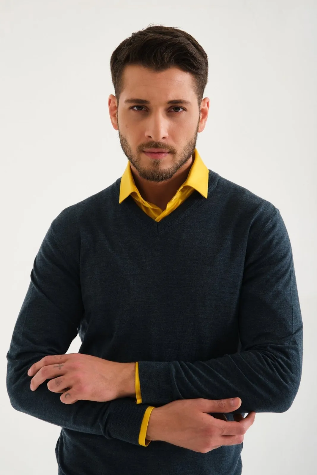 Dark Green V-Collar Wool Sweater