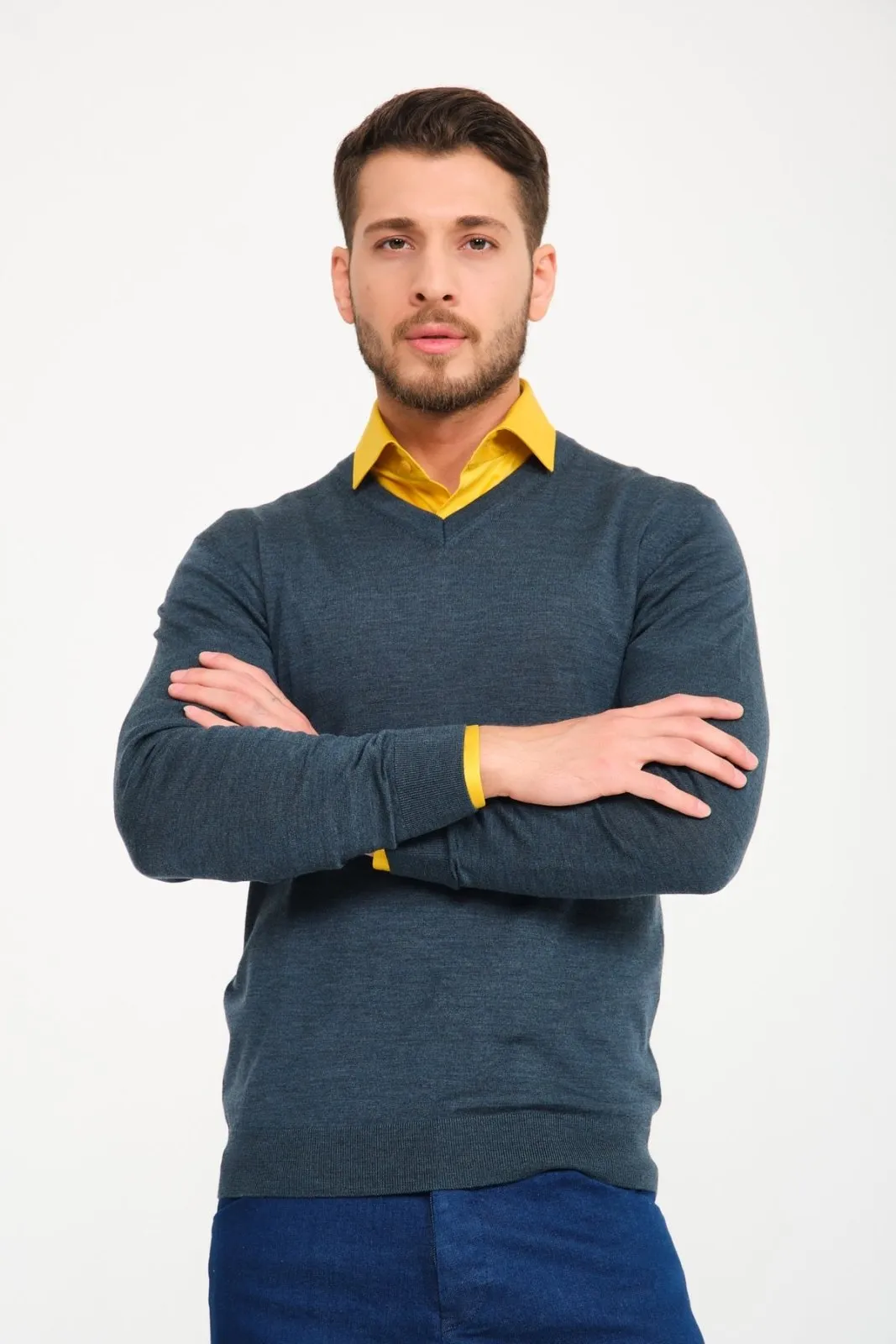 Dark Green V-Collar Wool Sweater