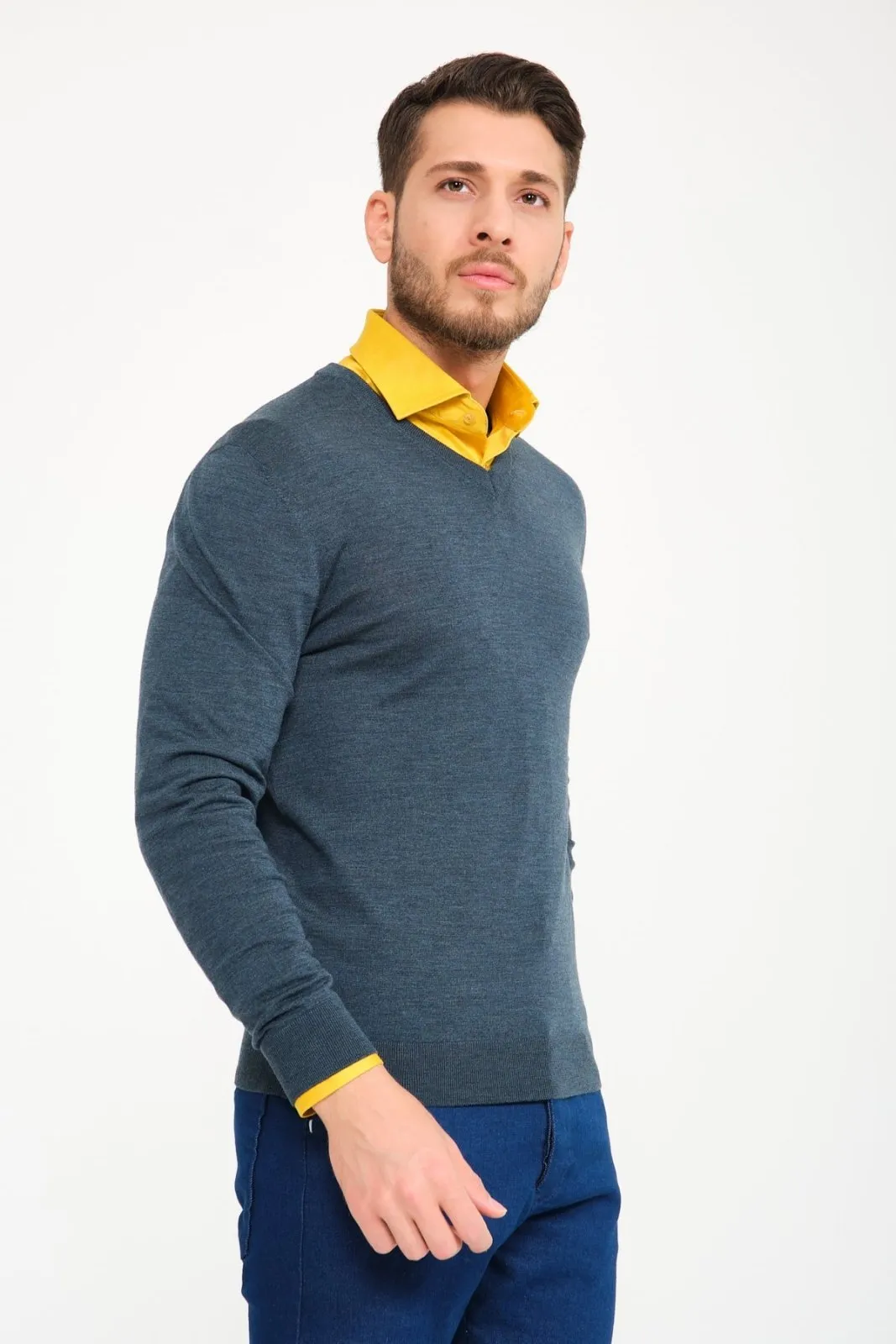 Dark Green V-Collar Wool Sweater