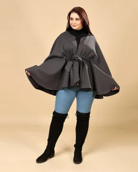 Dark Grey Solid Winter Belted Cape
