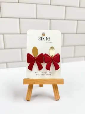 Dark Red Shimmer Bow Polymer Clay Earrings
